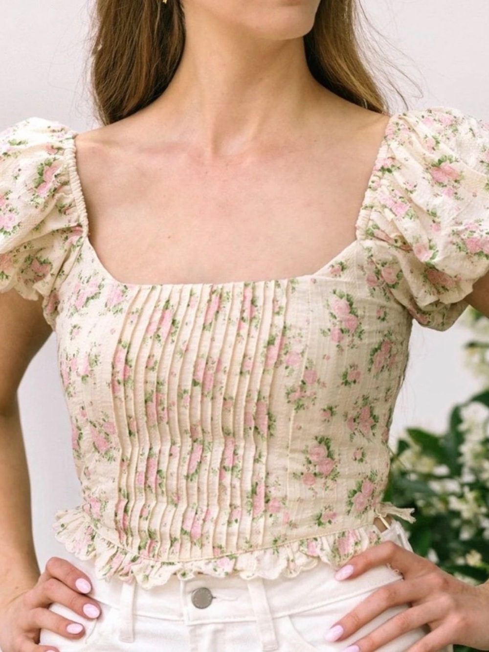 Altar'd State Cream Crop Top with Pink Floral Print